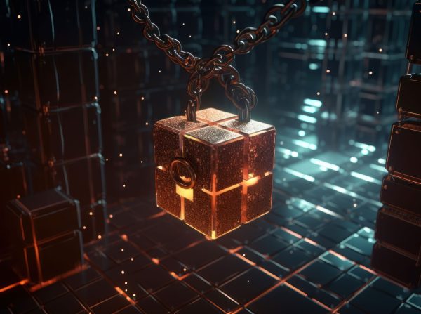 An AI generated cube-shaped chain hangs from the ceiling with glowing lights