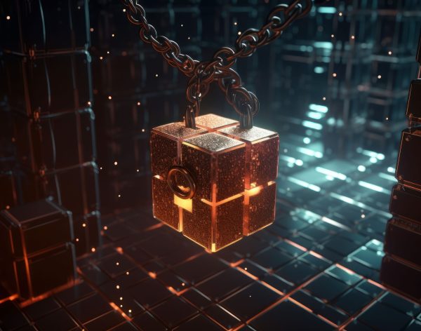An AI generated cube-shaped chain hangs from the ceiling with glowing lights