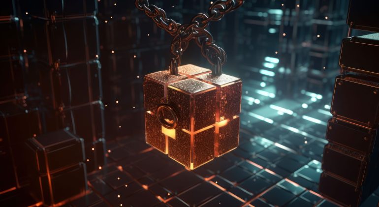 AI generated cube-shaped chain hangs from the ceiling with glowing lights An AI generated cube-shaped chain hangs from the ceiling with glowing lights
