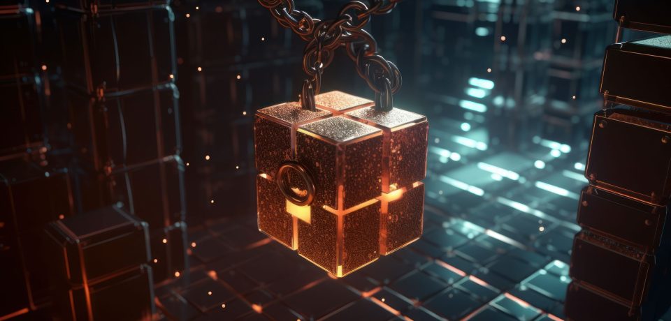 An AI generated cube-shaped chain hangs from the ceiling with glowing lights